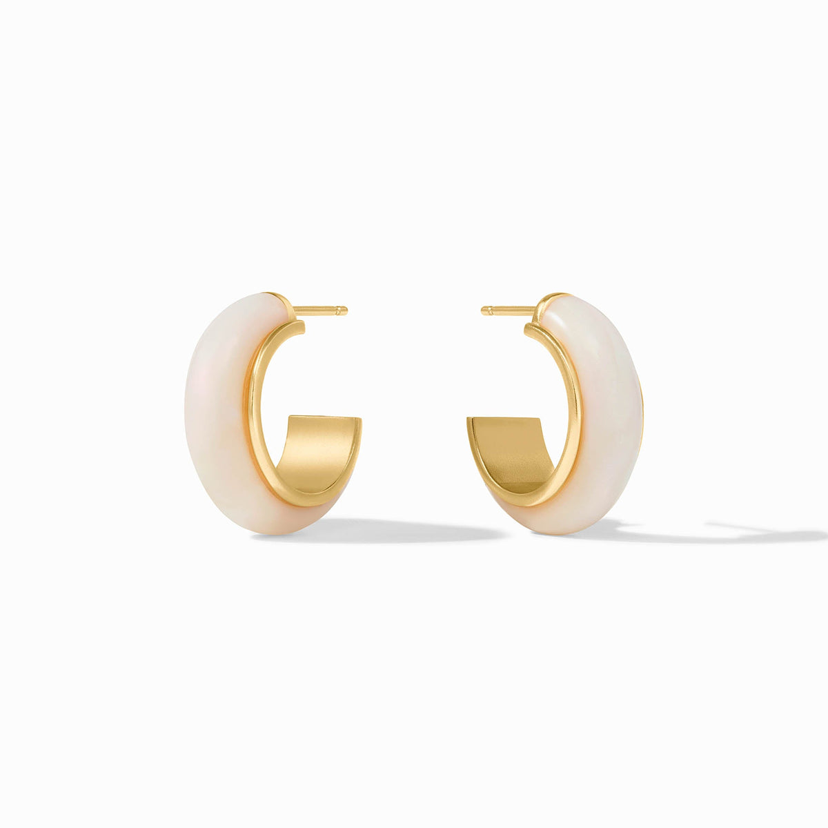 Carnaby Hoop earrings in 24K gold plate with white acetate accents and post backs.