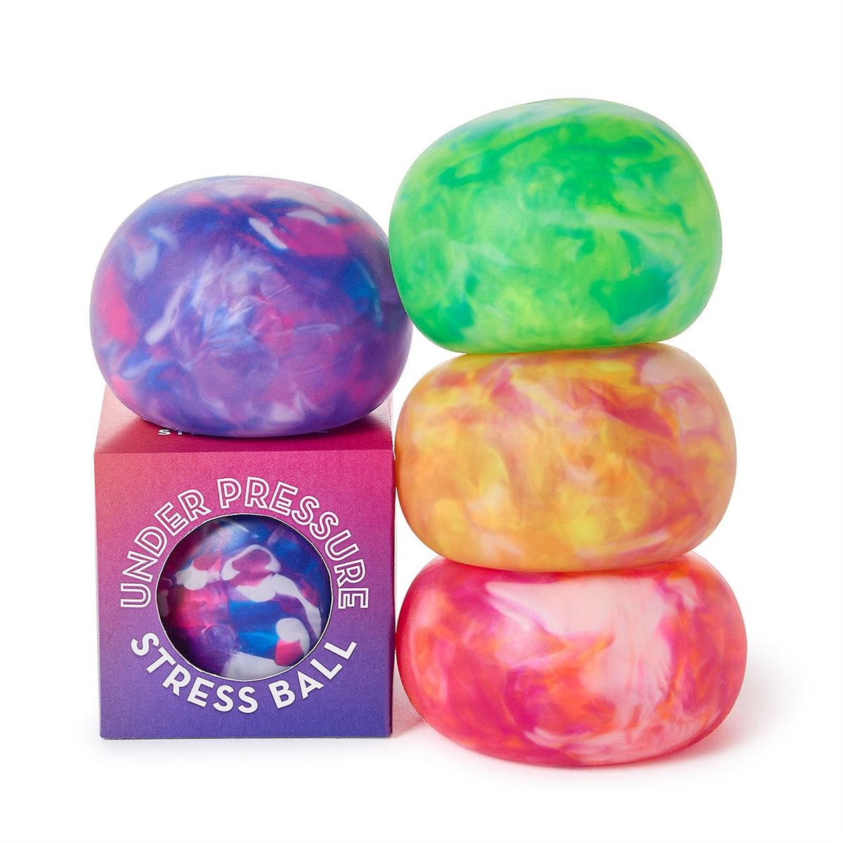Four marbled stress balls in green, yellow, pink, and purple next to a colorful gift box.