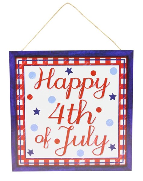 Red, white, and blue MDF square sign featuring a Happy Fourth of July text pattern.
