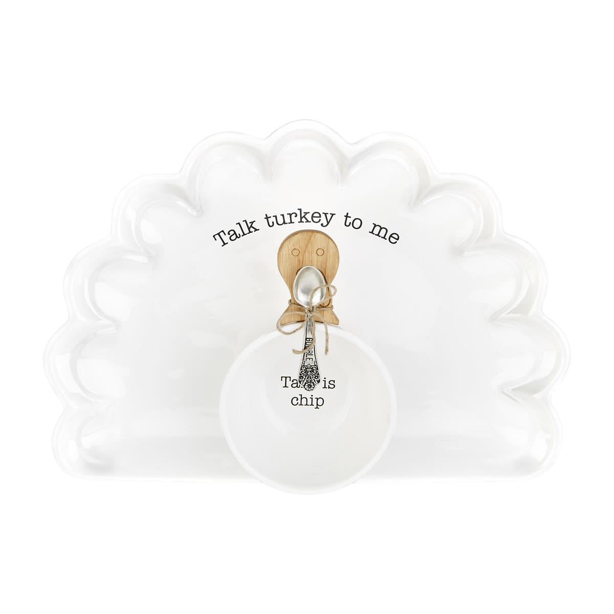 Turkey-shaped chip tray with dip bowl made from white dolomite stone.