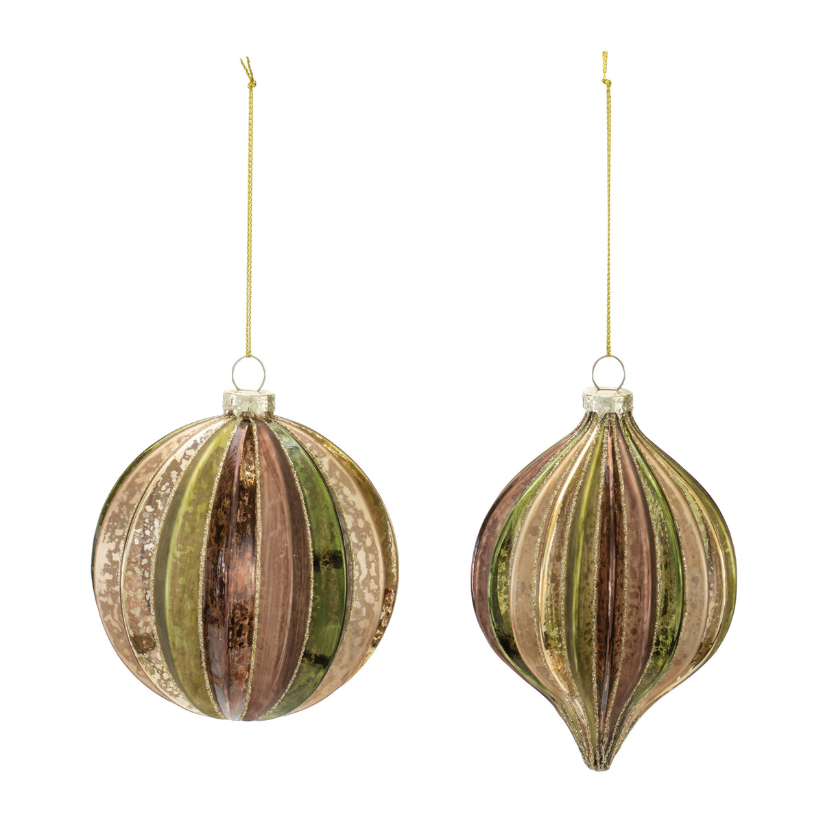 Two ribbed glass Christmas ornaments in metallic green and bronze tones with gold hanging strings.