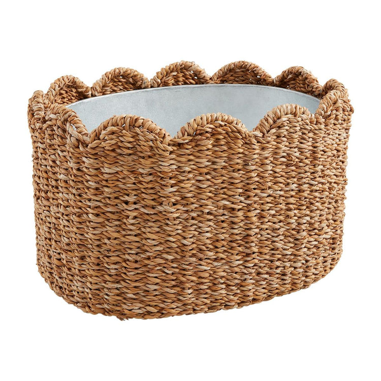 Woven seagrass party tub with a scalloped rim and a metal interior liner.