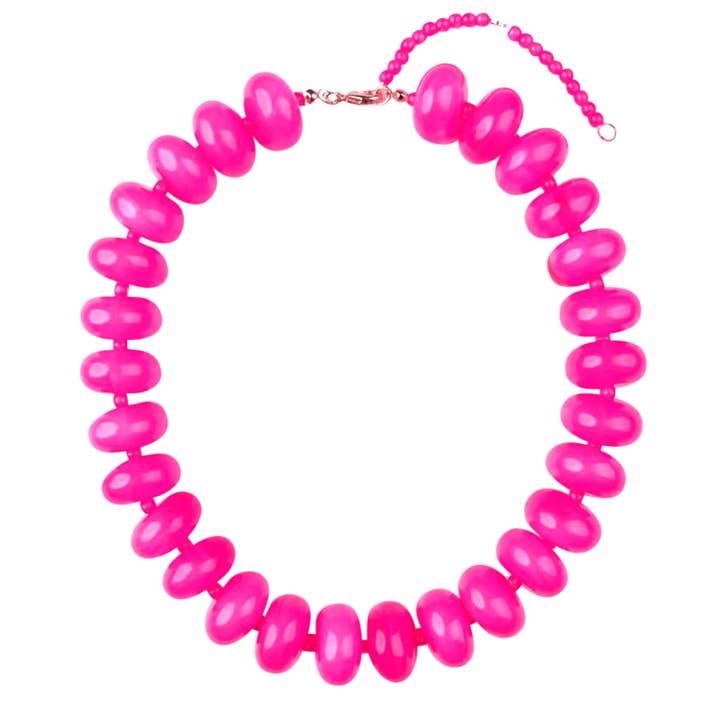 Bailey Chunky Beaded Necklace in bright pink with large, glossy marbled beads and a lobster clasp.
