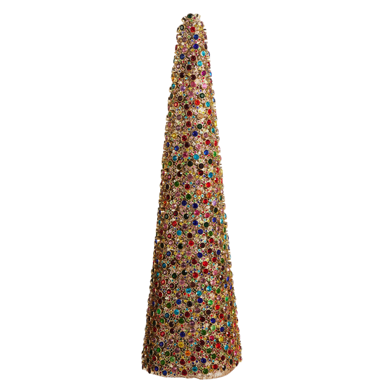 Tall cone-shaped holiday decoration covered in sparkling multicolor jewels on a gold base.