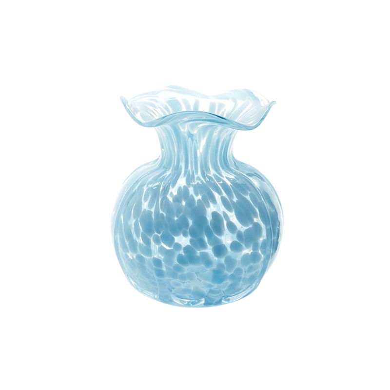 Light blue glass vase with white spots, a round body, and a ruffled edge rim.