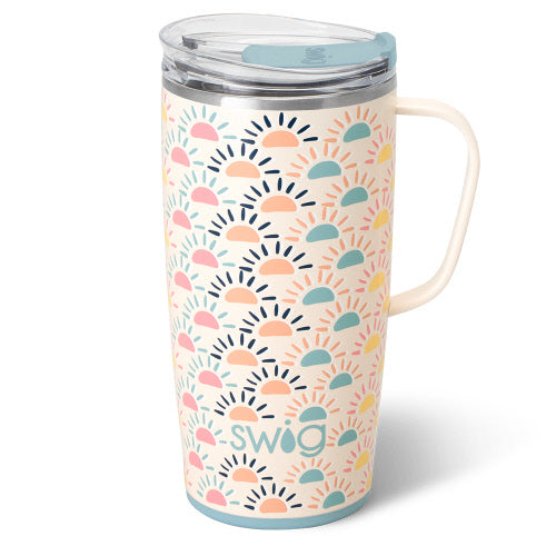 Silver stainless steel travel mug with a slim metal handle and BPA-free lid.