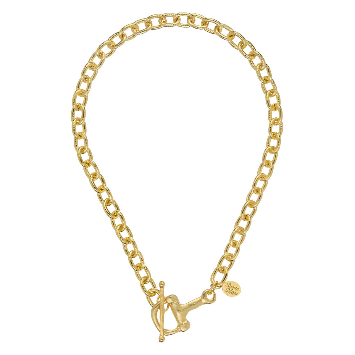 Gold chain necklace with a toggle clasp and a small circular charm engraved with 'Sarah Shaw'.