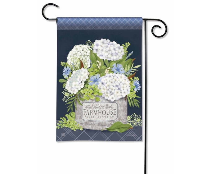 Garden flag featuring a colorful floral pattern on a white background with standard rectangular silhouette.
