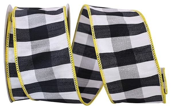 Black gingham check wired edge trim with yellow accents on a white background