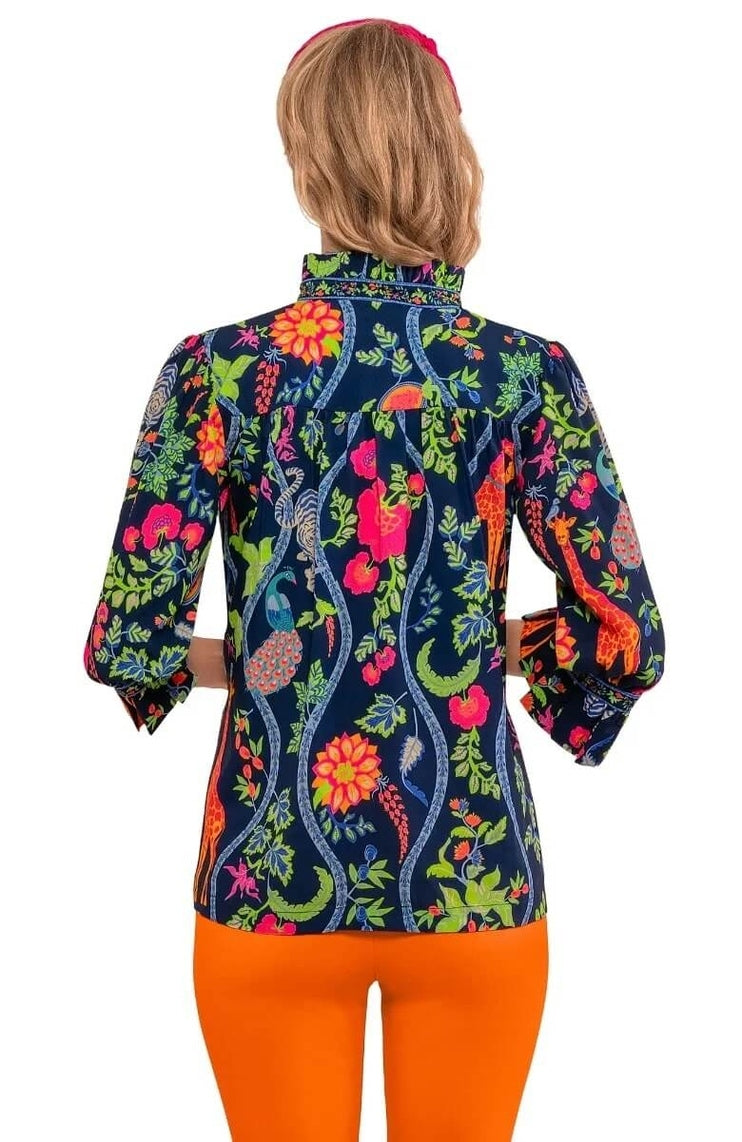 Ruffleneck Tunic Jungle Symphony in Navy