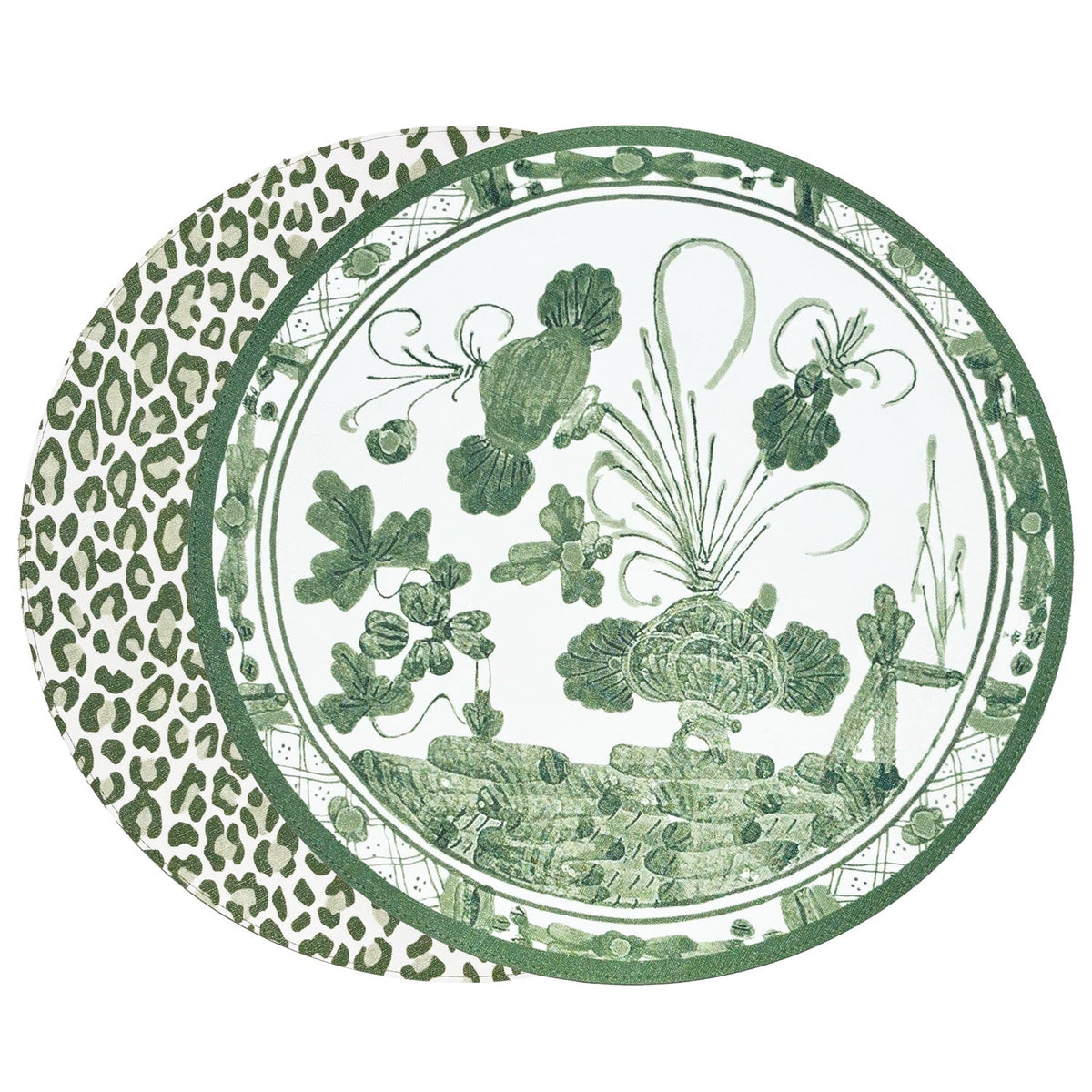 Set of 4 reversible round placemats featuring green Faenza floral and leopard print designs.