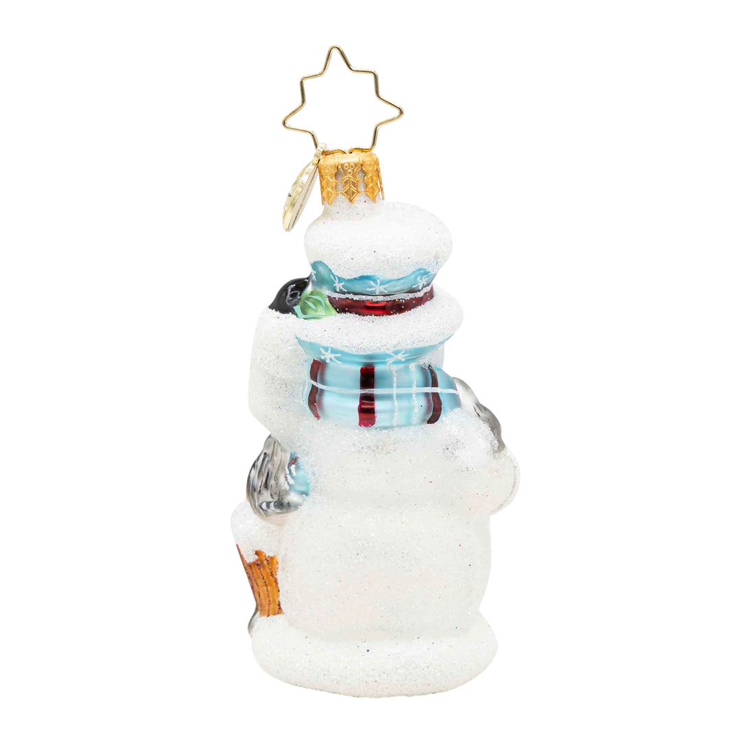Snowy Perch Pals Gem glass snowman ornament with a blue scarf and star-shaped hanging loop.