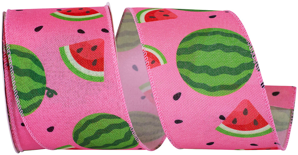 Pink wired-edge linen fabric roll with watermelon print and visible seeds pattern.