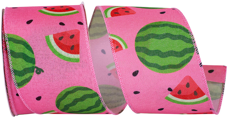 Pink wired-edge linen fabric roll with watermelon print and visible seeds pattern.