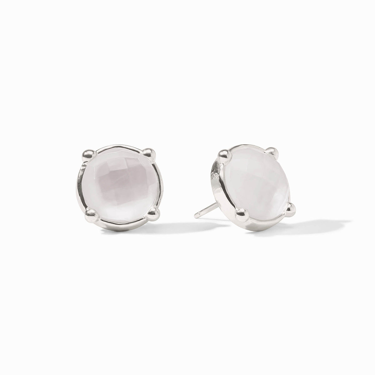 Honey-colored glass stud earrings with silver posts on a white background
