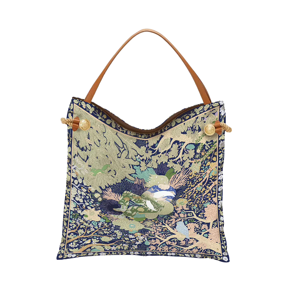Boho Scarf Tote Bag with intricate blue and green nature pattern and tan leather shoulder strap.