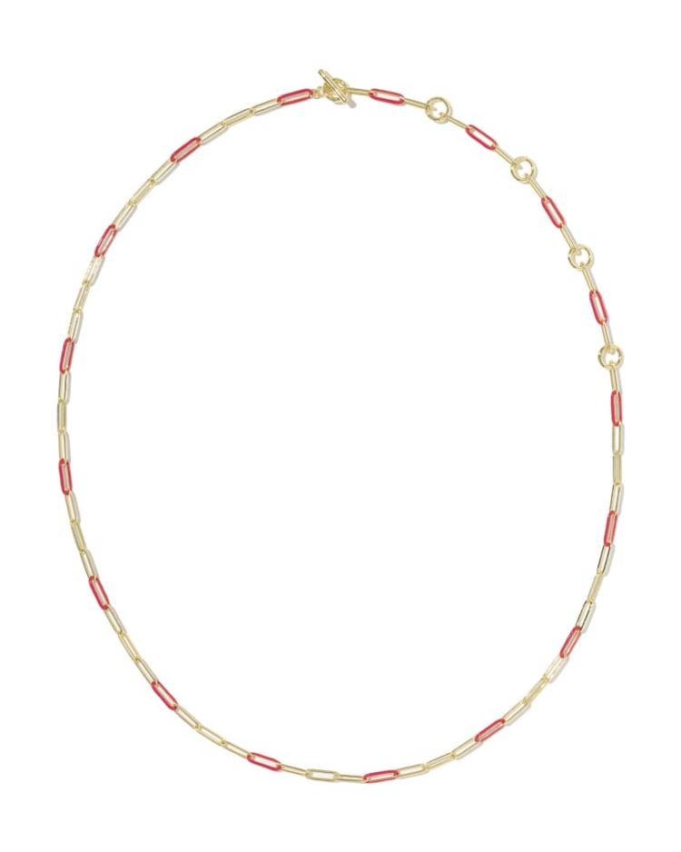 Courtney gold chain necklace with alternating red enamel links and a toggle closure.