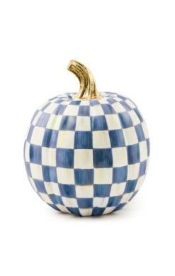 Small decorative pumpkin with a blue and white Royal Check pattern and a gold-colored stem.