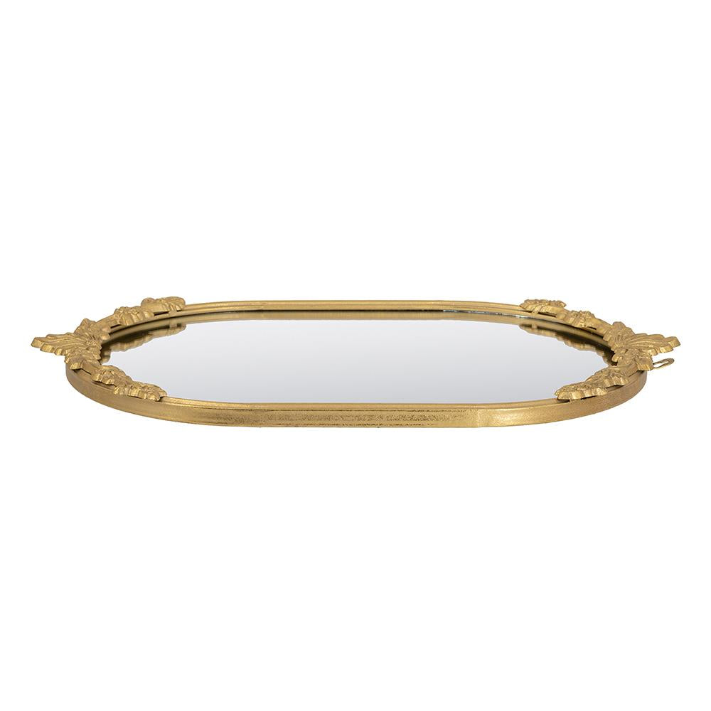 Gold iron frame mirror tray with intricate floral cutout detailing