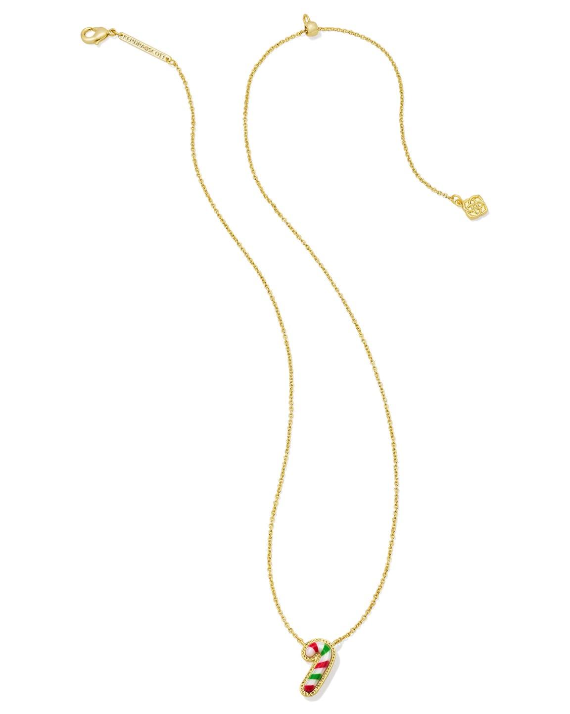Gold short pendant necklace featuring a red and green striped candy cane charm.