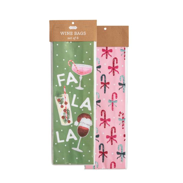 Set of six Christmas paper wine bags featuring green 'Fa La La' and pink candy cane designs.