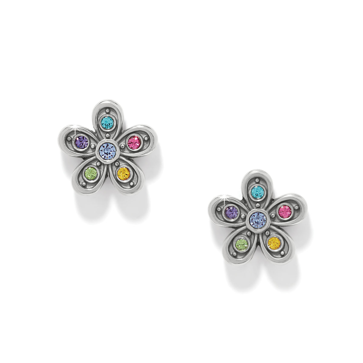 Silver-plated post earrings with flat disc backs featuring multi-colored fine quality crystal flower drops.