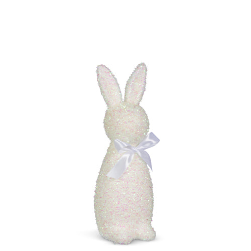 Twelve-inch iridescent white bunny made of foam, glitter, and polyester with a standing silhouette.