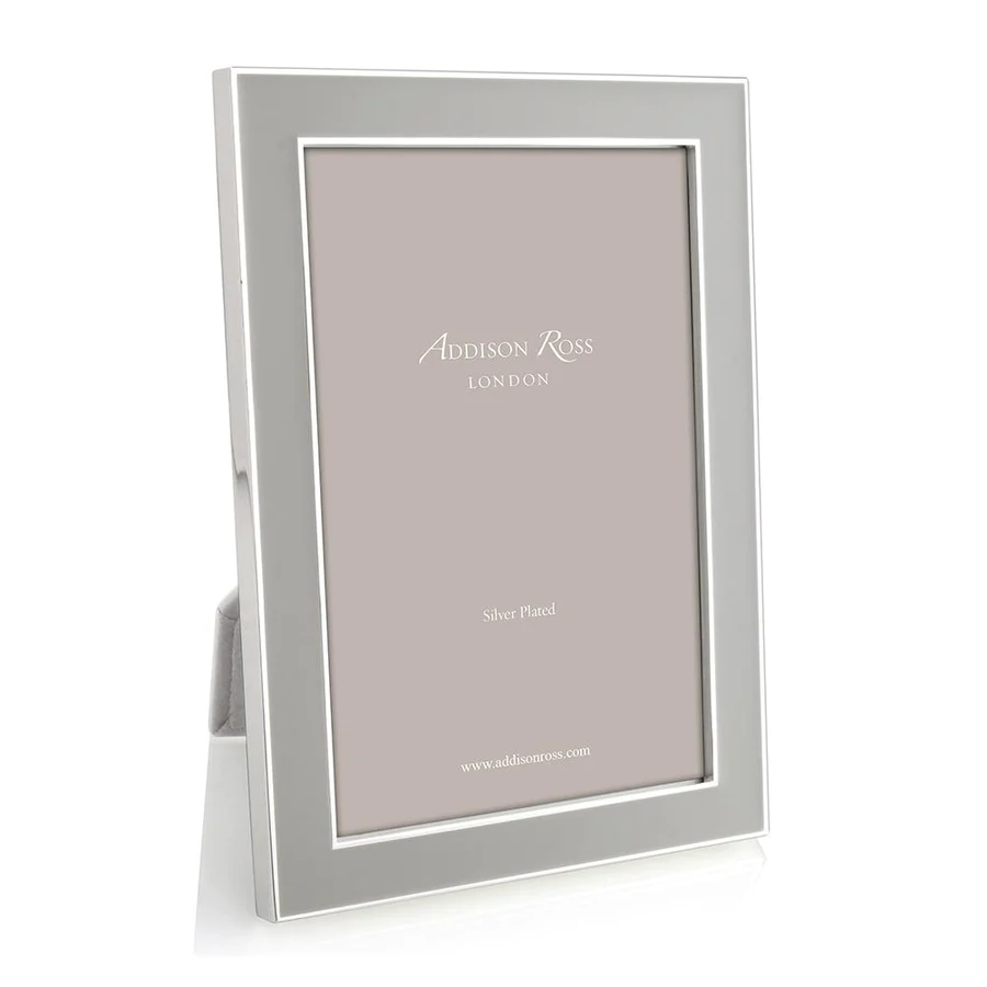 Gray chiffon enamel frame with silver trim holding a dark gray velvet photo backing