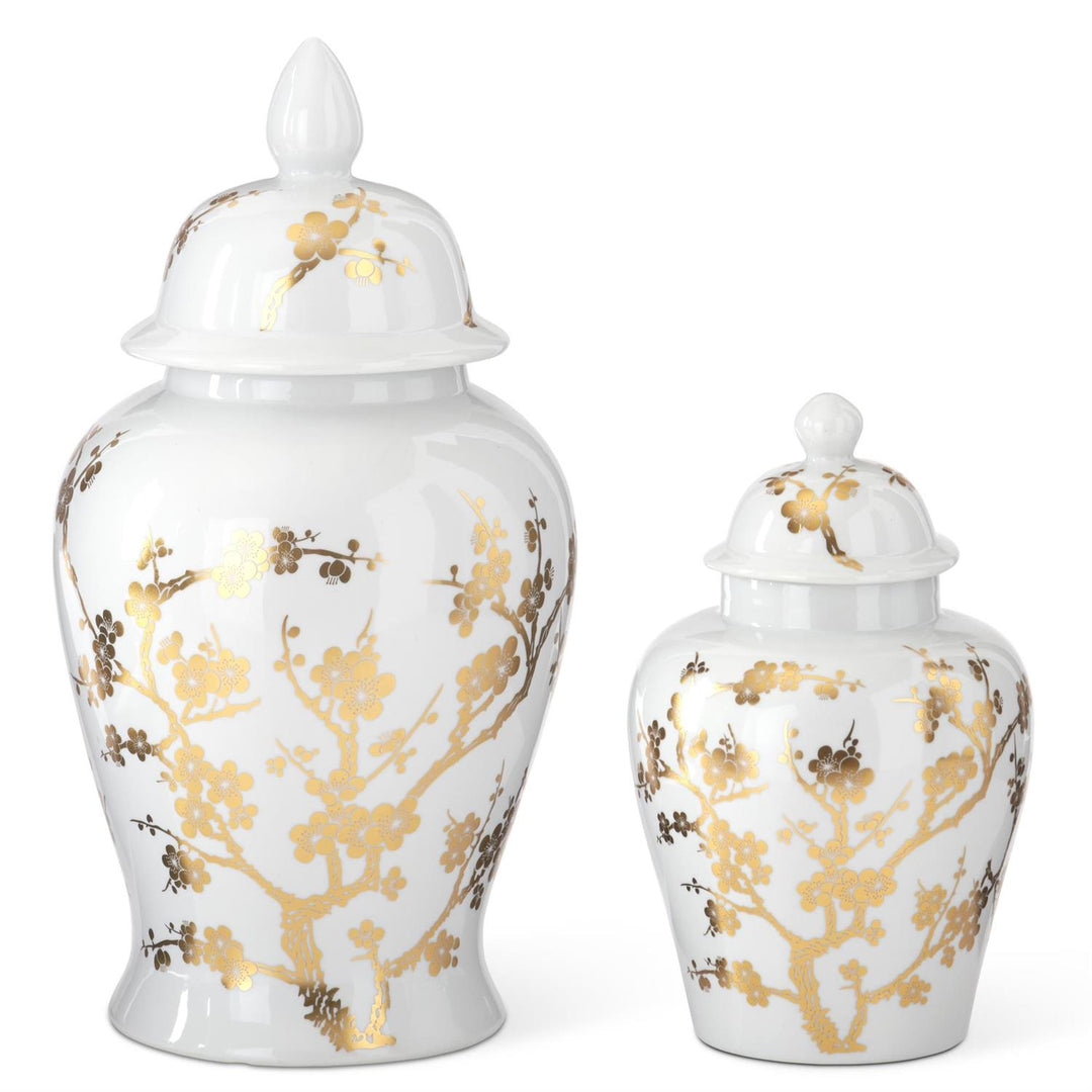 Two white ceramic ginger jars with gold chinoiserie floral patterns and matching lids.