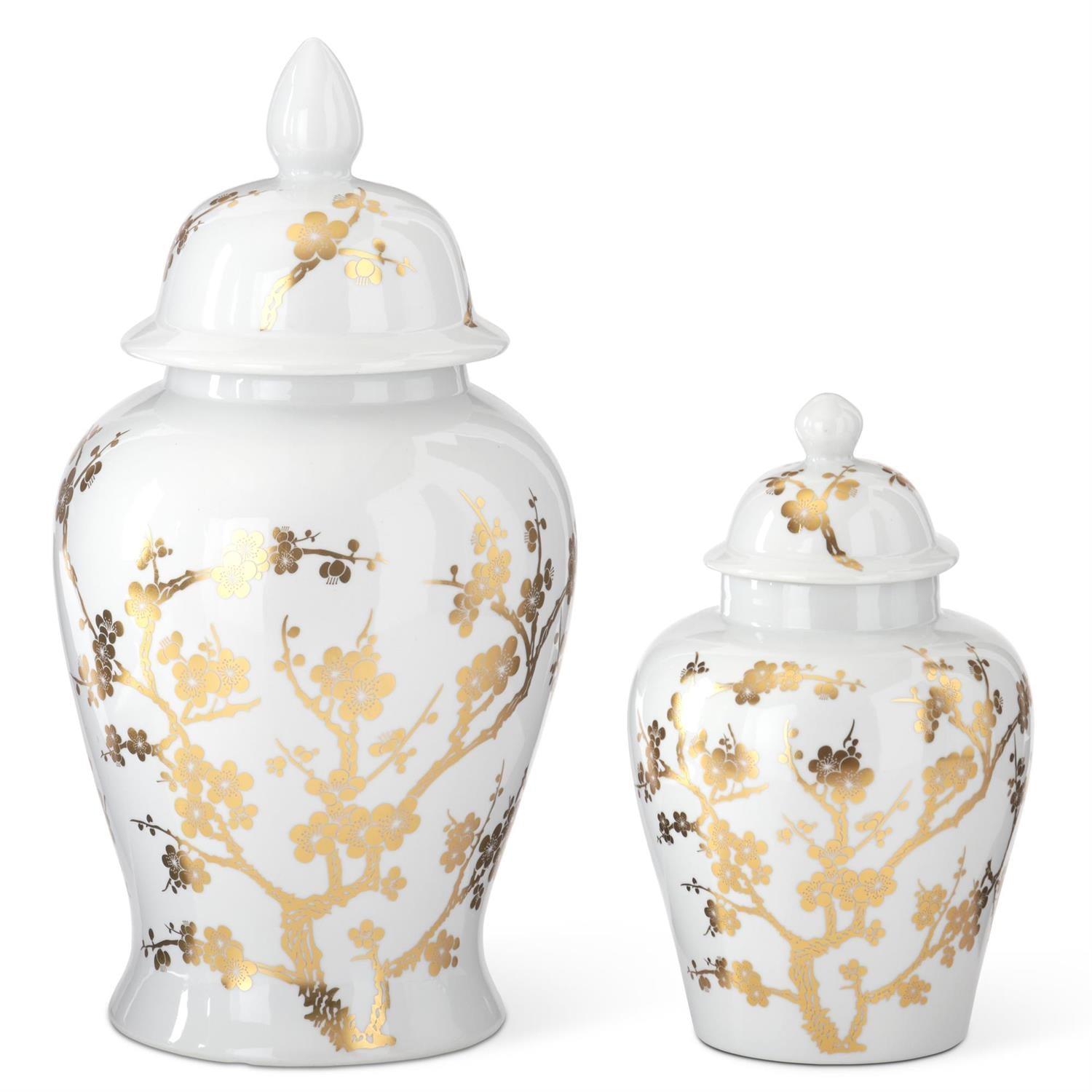 Two white ceramic ginger jars with gold chinoiserie floral patterns and matching lids.