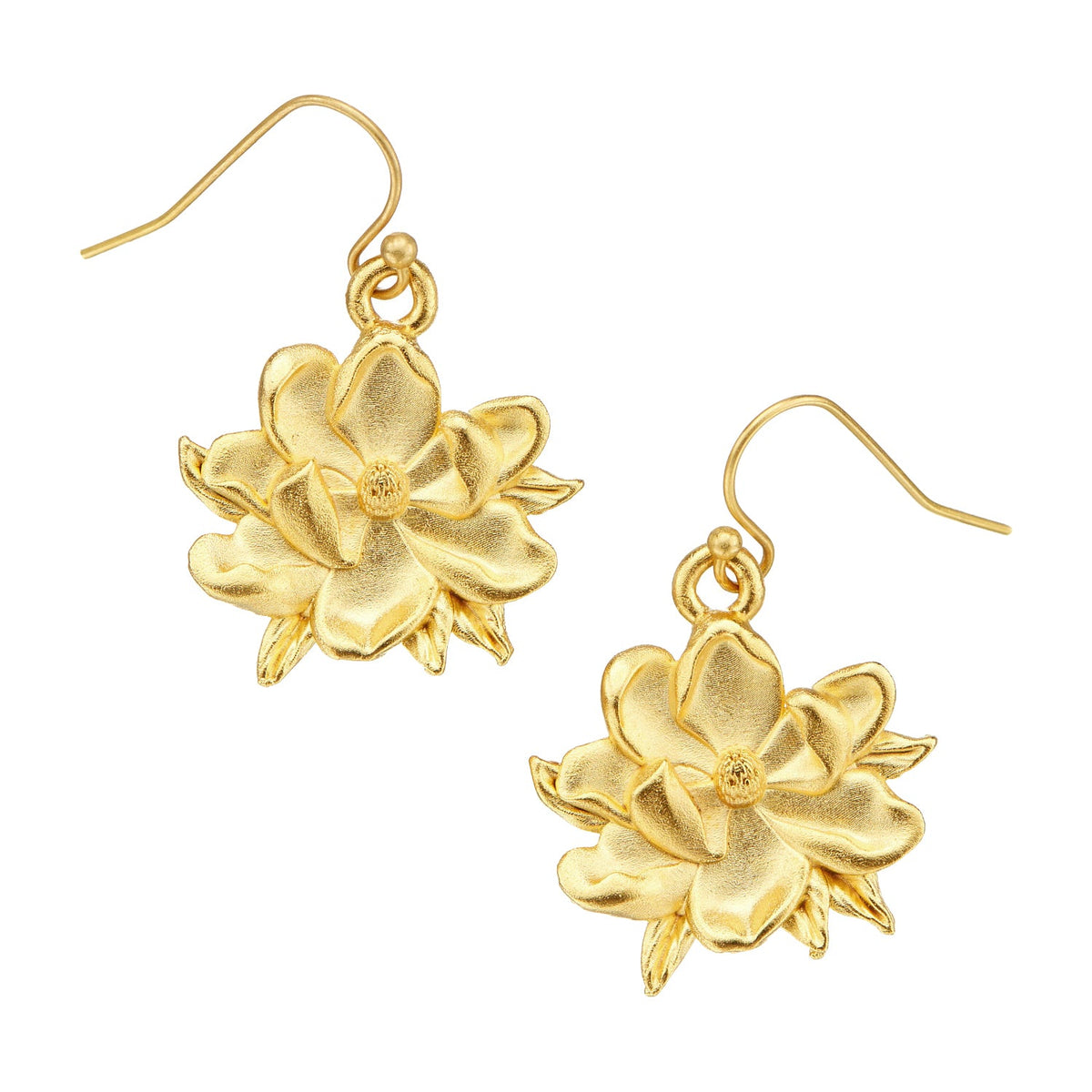 Gold-tone dangle earrings shaped like detailed magnolia flowers with French hooks.
