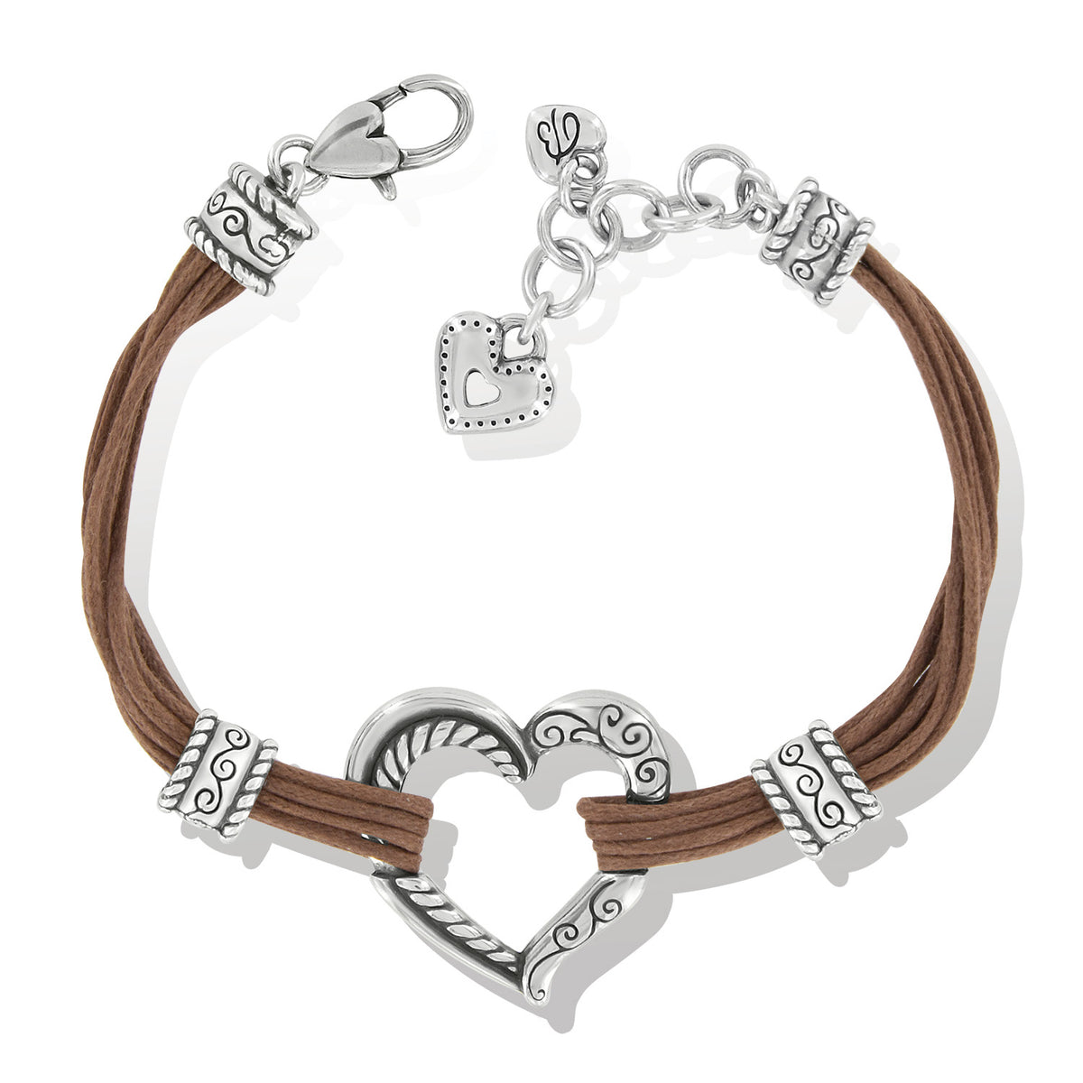 Adjustable silver-plated cotton cord bracelet with a heart-shaped pendant.