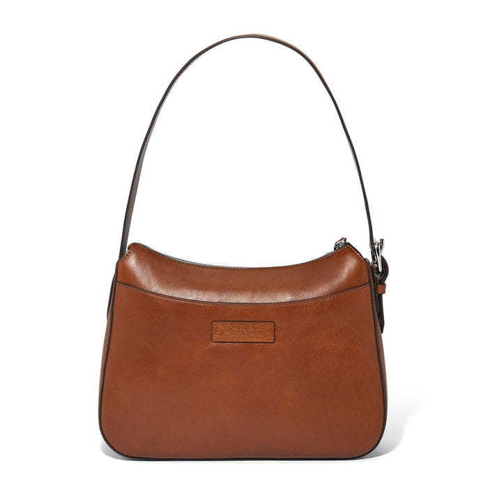 Russet woven shoulderbag with adjustable strap and color-block hand-lacing detail.
