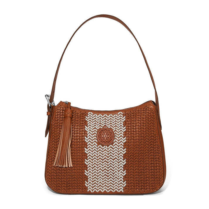 Russet woven shoulderbag with adjustable strap, color-block effect, and hand-lacing key holder detail.