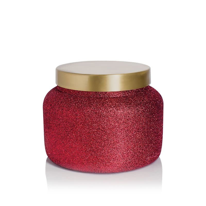 Red Volcano Glam Jumbo Jar candle with glitter finish in a cylindrical silhouette