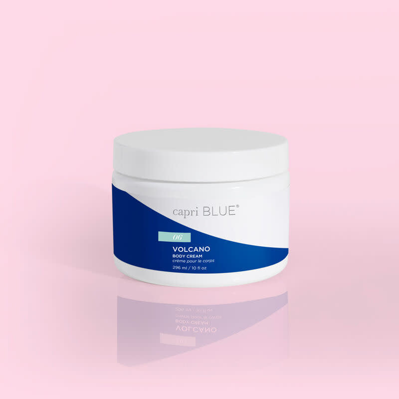 Volcano body cream in a white jar with black lid