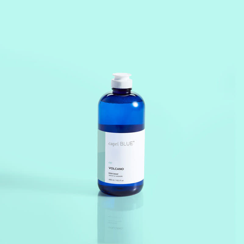 Volcano dish soap bottle with tangerine oil fragrance in a clear container.