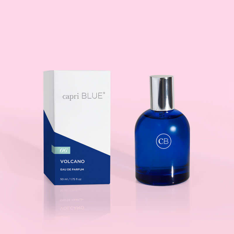 Volcano Eau de Parfum bottle with a black cap and clear glass body.