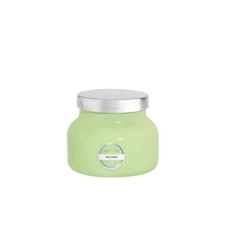Volcano Iced Matcha signature petite jar candle in light green glass with a white wick.