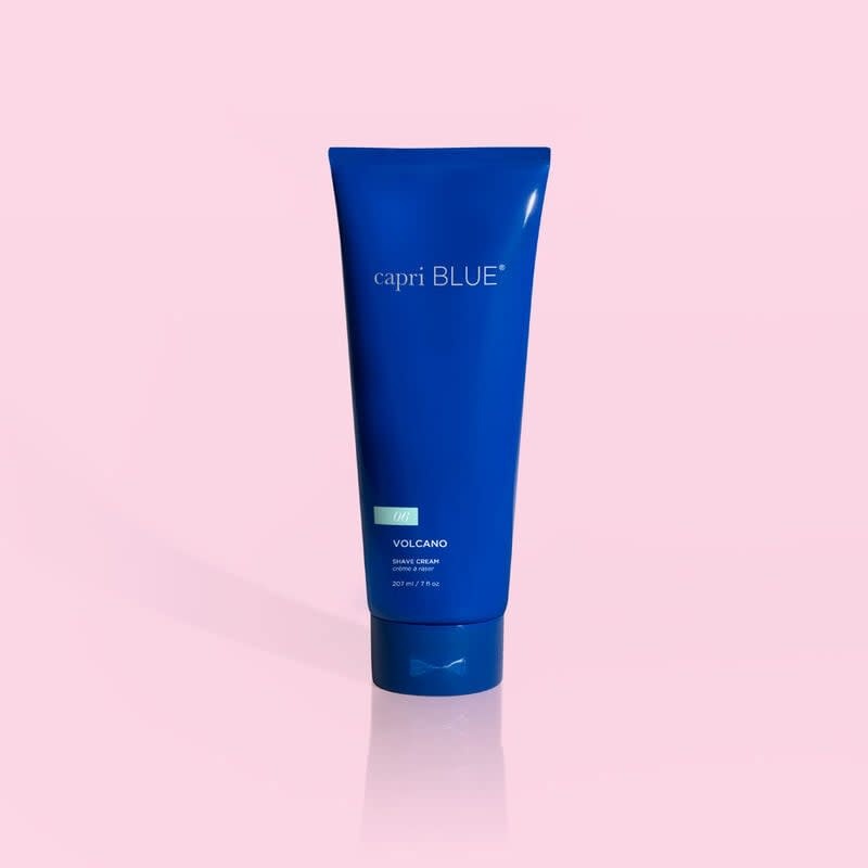 White tube of Volcano Shaving Cream with jojoba oil and aloe ingredients listed on label.