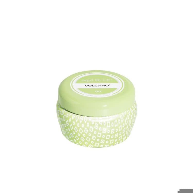 Mini tin packaging for Volcano Signature Iced Matcha with vibrant printed volcano graphic and product name.