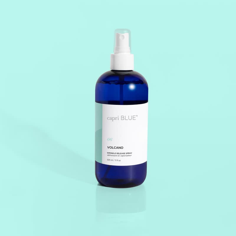 Bottle of Volcano Wrinkle Release Spray with a white label.