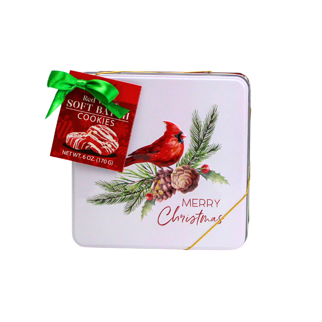 Red Velvet Soft Batch Cookies in a square white tin featuring a cardinal and Merry Christmas text.