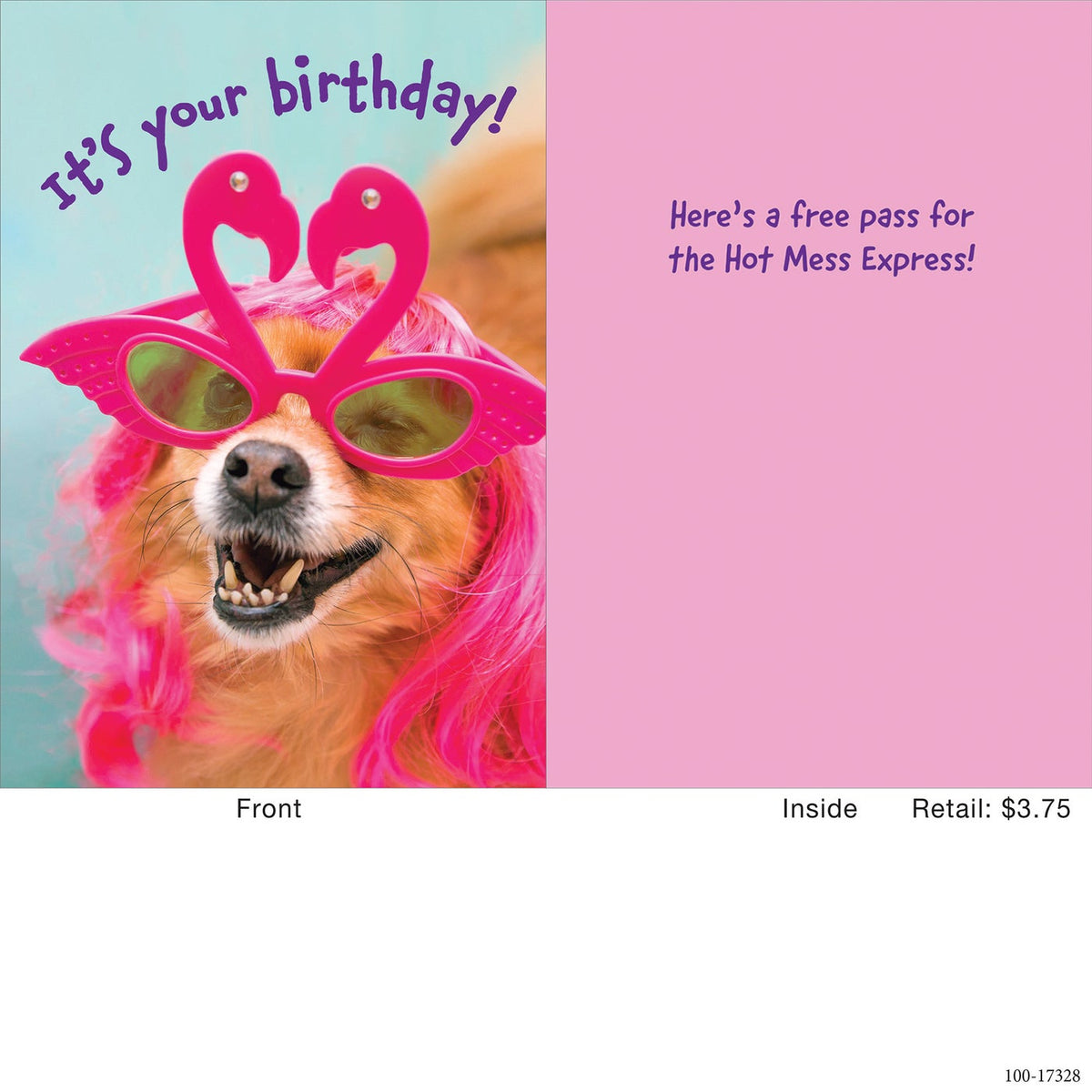 Flamingo-themed birthday card featuring a pink flamingo illustration on white background.