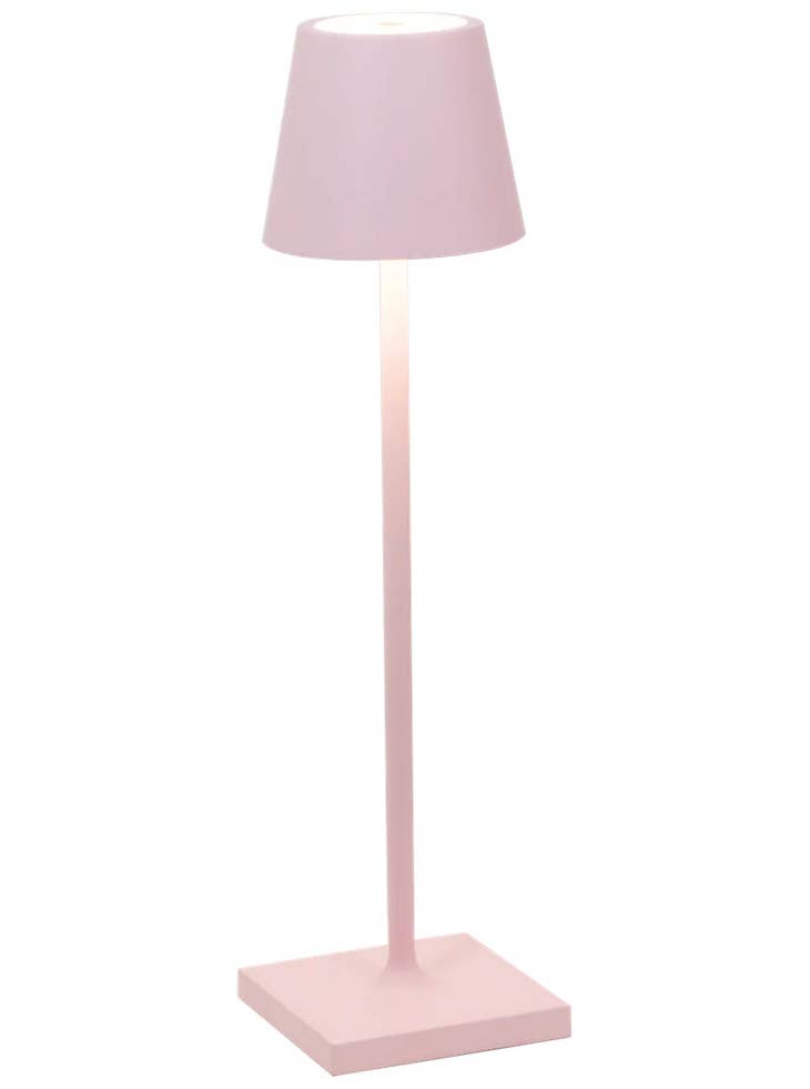 Die-cast aluminum cordless table lamp with polycarbonate diffuser in powder-coated finish.