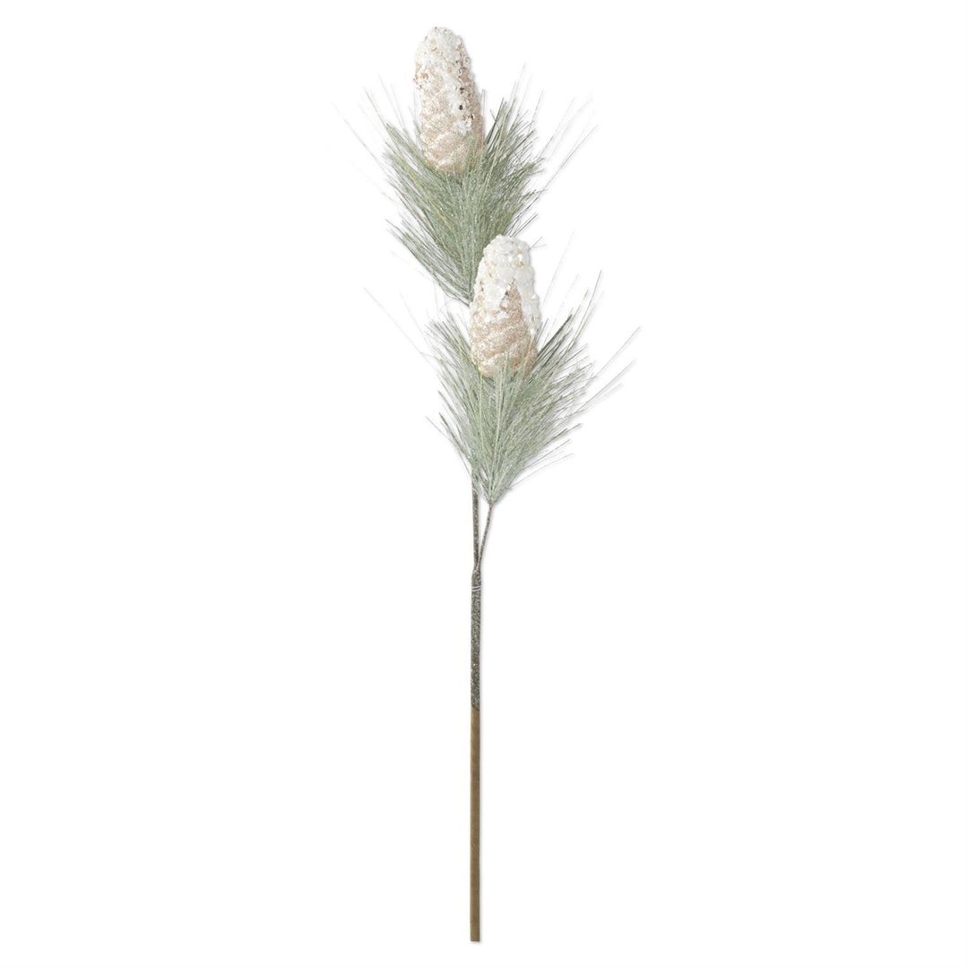32-inch gold glittered pinecone decoration with green pine accents and sequin spray finish.