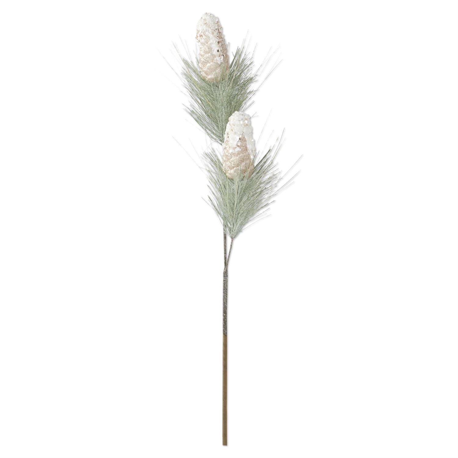 32-inch gold glittered pinecone decoration with green pine accents and sequin spray finish.