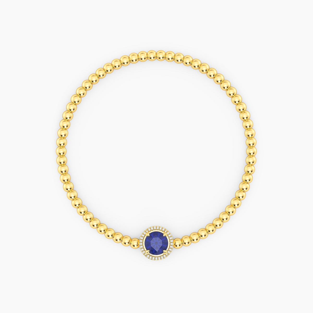 Gold-plated beaded bracelet with a round-cut blue tanzanite center stone and diamond halo.