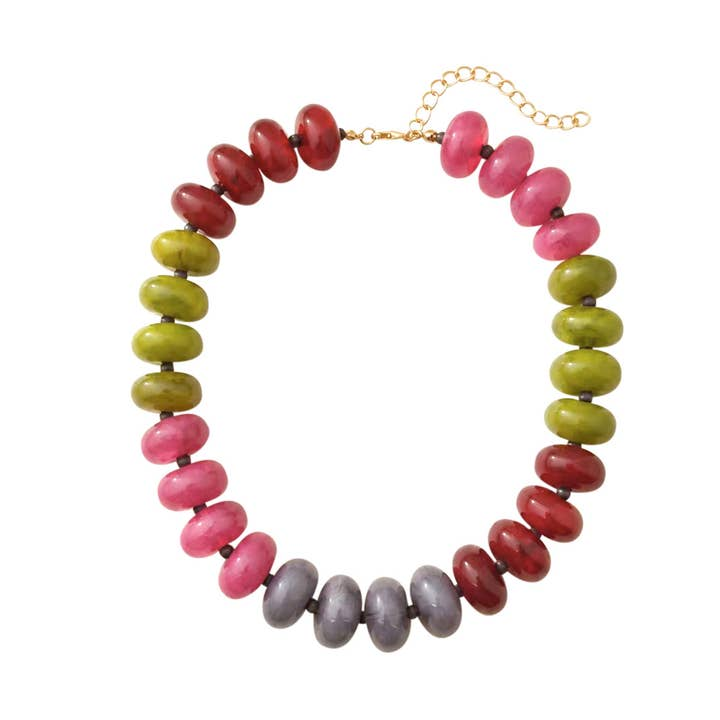 Carissa Beaded Necklace with large marbled beads in red, pink, green, and grey on a gold-tone chain.