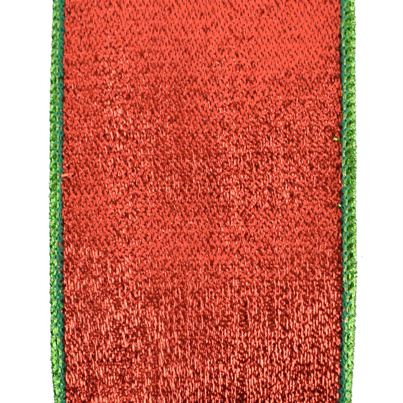 Red metallic ribbon with emerald metallic edge on backing